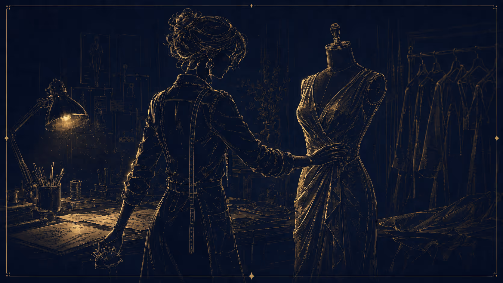 The atelier: standing back from a finished gown, the rail behind her.